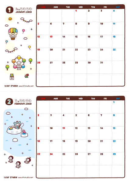 2020年01-02月カレンダー