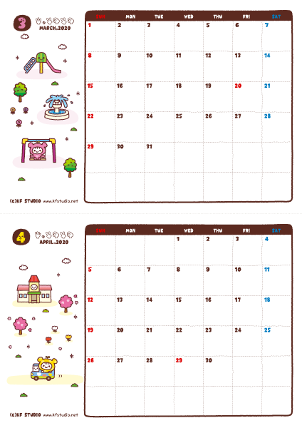 2020年03-04月カレンダー