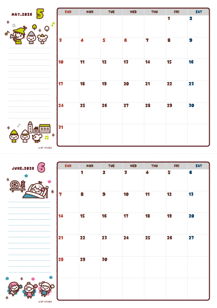 2026年05-06月カレンダー(書込欄付き)