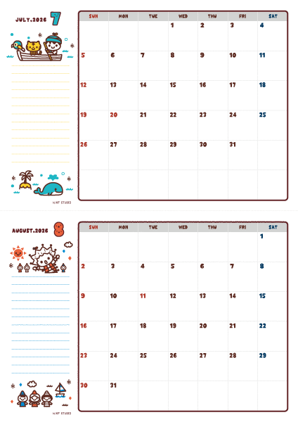 2026年07-08月カレンダー(書込欄付き)