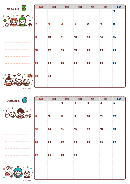 2027年05-06月カレンダー（書込欄付き）