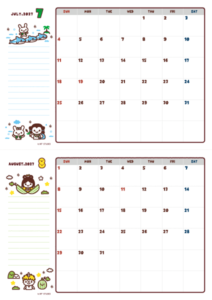 2027年07-08月カレンダー(書込欄付き)