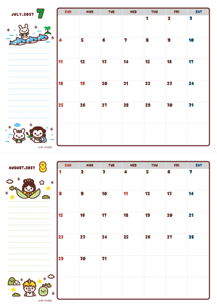 2027年07-08月カレンダー(書込欄付き)