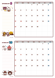 2027年09-10月カレンダー(書込欄付き)