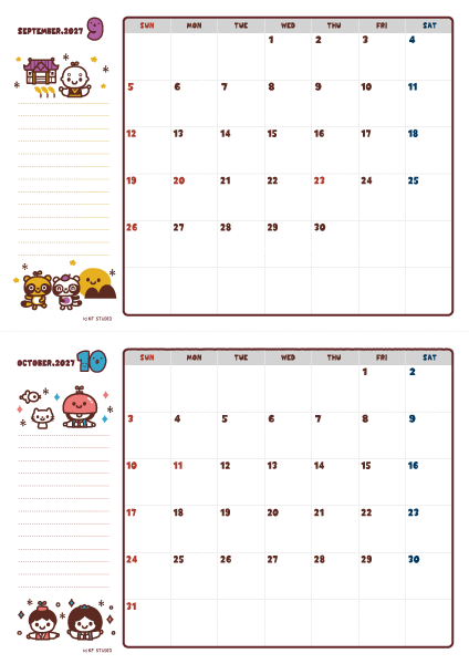 2027年09-10月カレンダー（書込欄付き）