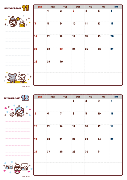 2027年11-12月カレンダー(書込欄付き)